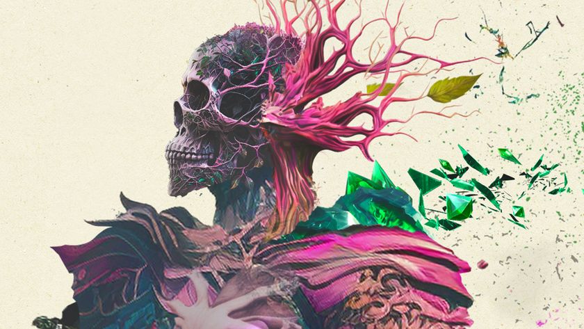 Avowed key art; a skull with plants and coral growing from it