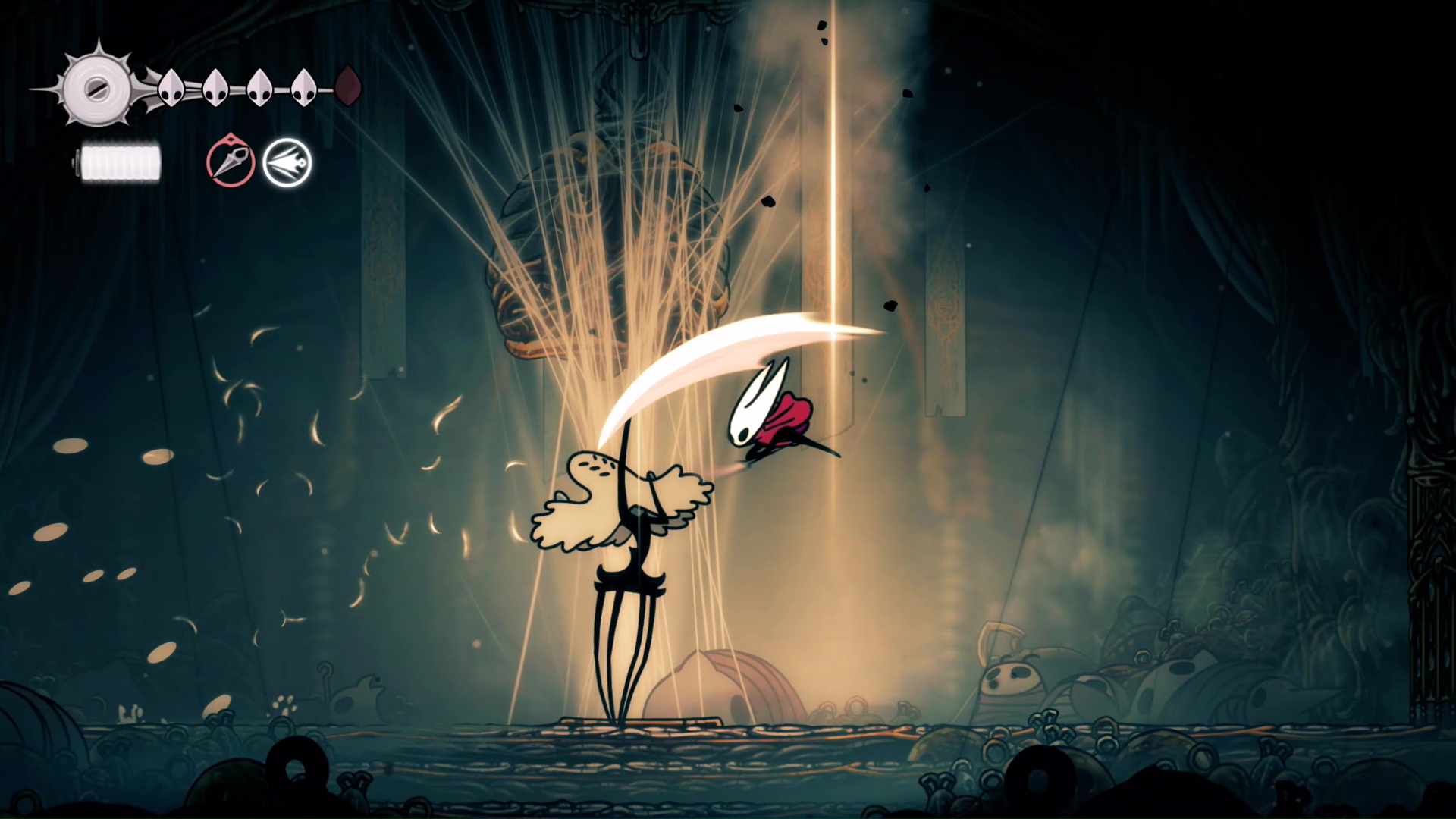 Hornet strikes Widow from the air in Hollow Knight: Silksong