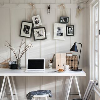 home office with pictures and white walls