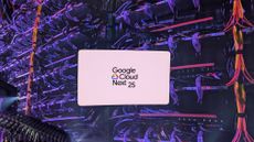 A photo of the Google Cloud Next logo on screen at the Sphere in Las Vegas, overlaid on a macro shot of Google server racks in a data center.