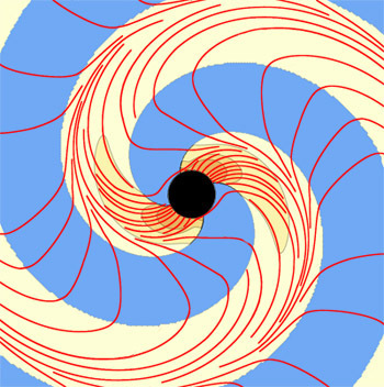 Two spiral-shaped vortexes (yellow) of whirling space sticking out of a black hole, and the vortex lines (red curves) that form the vortexes.