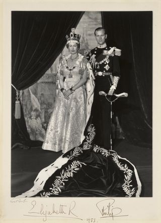 Cecil Beaton, Queen Elizabeth II and Prince Philip on Coronation Day , 1953 (signed copy sent to Queen Elizabeth The Queen Mother). Royal Collection Trust / © His Majesty King Charles III 2024.