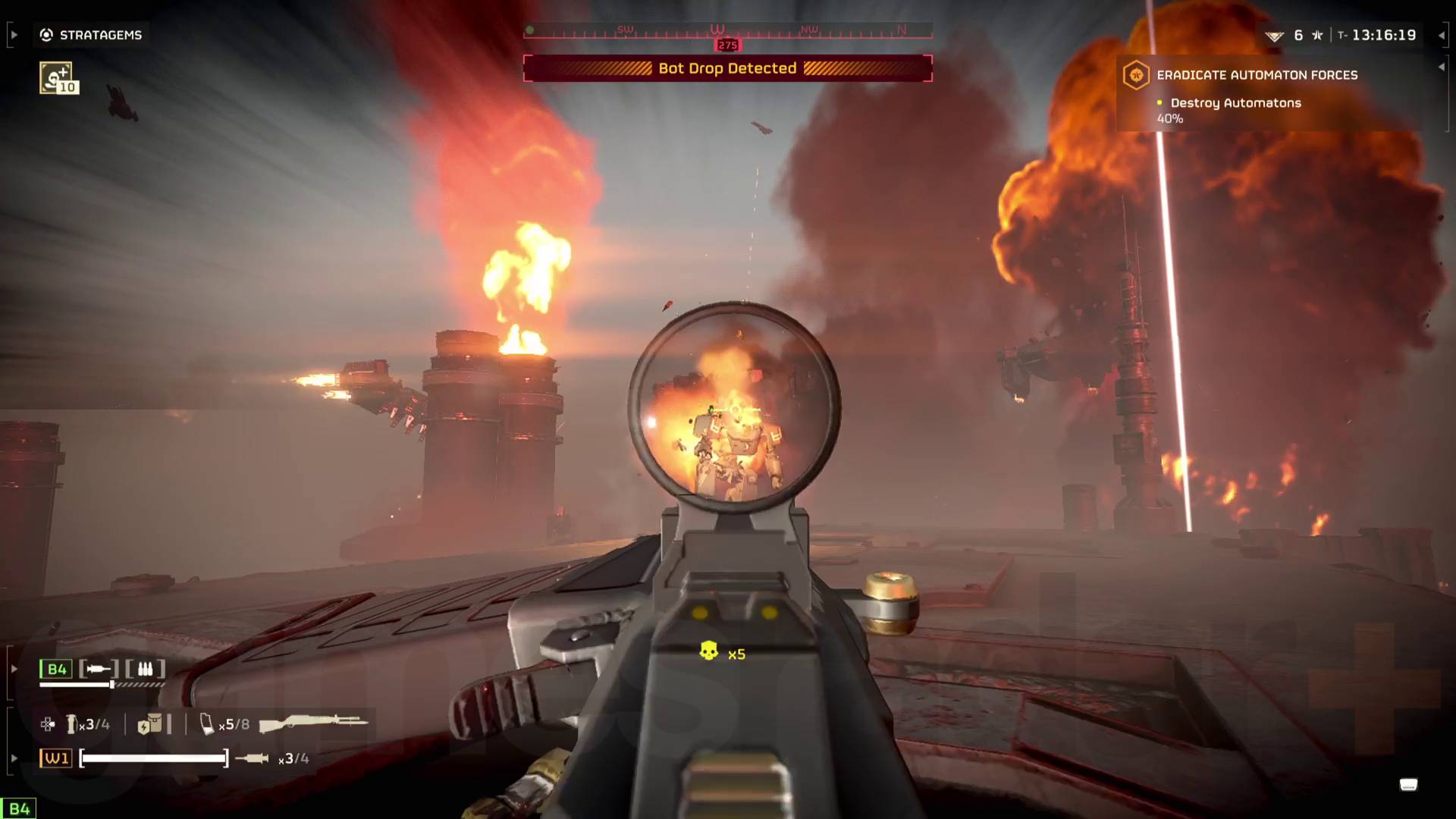 Helldivers 2 Automaton devastator burning up after getting shot by Helldiver