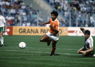 Frank Rijkaard chases a loose ball in the Netherlands' World Cup clash against Ireland in 1990.