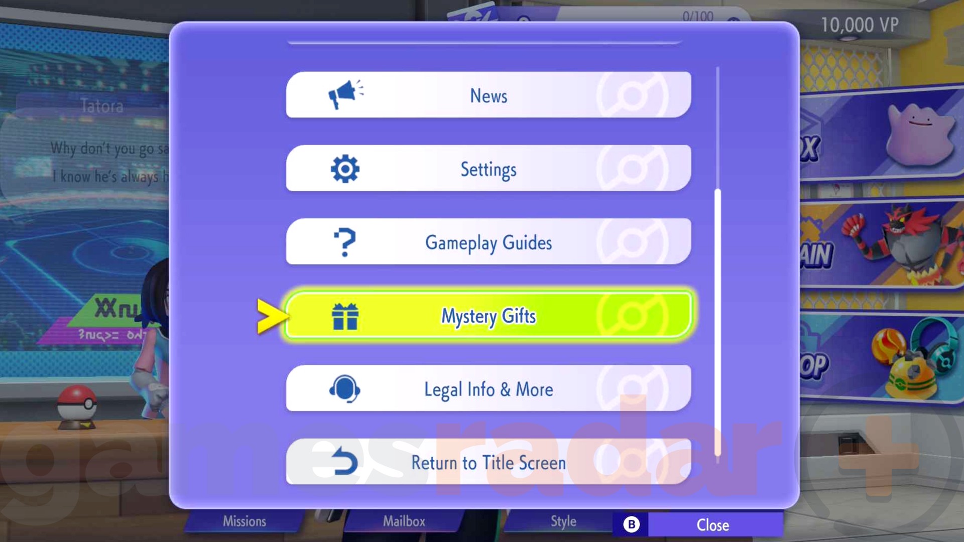 The Pokemon Champions Mystery Gift codes menu.