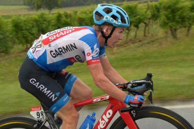 Tom Jelte-Slagter (Garmin-Sharp) attacked from the break some 30 km from the arrival