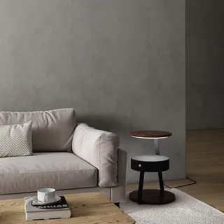 Gray living room with a light gray sofa, a white area rug, and a wooden coffee table. There is a smart side table on the left side of the sofa