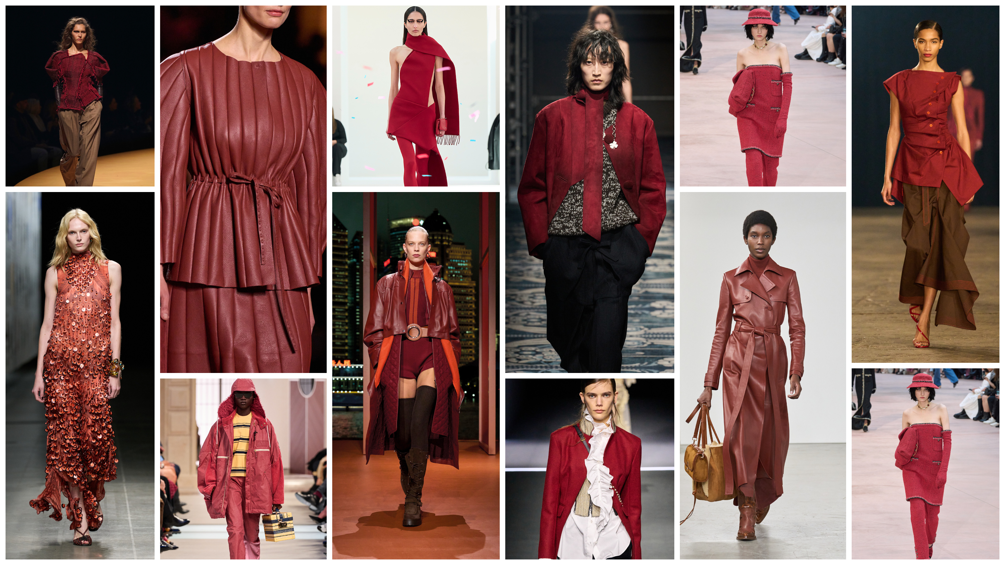 the red chili color trend Fall 2025 at Khaite, Etro, Fendi, Louis Vuitton, Courrèges, Hermès, Louis Vuitton, Christian Dior, Chanel, Gabriela Hearst, Christopher John Rogers, and Chanel