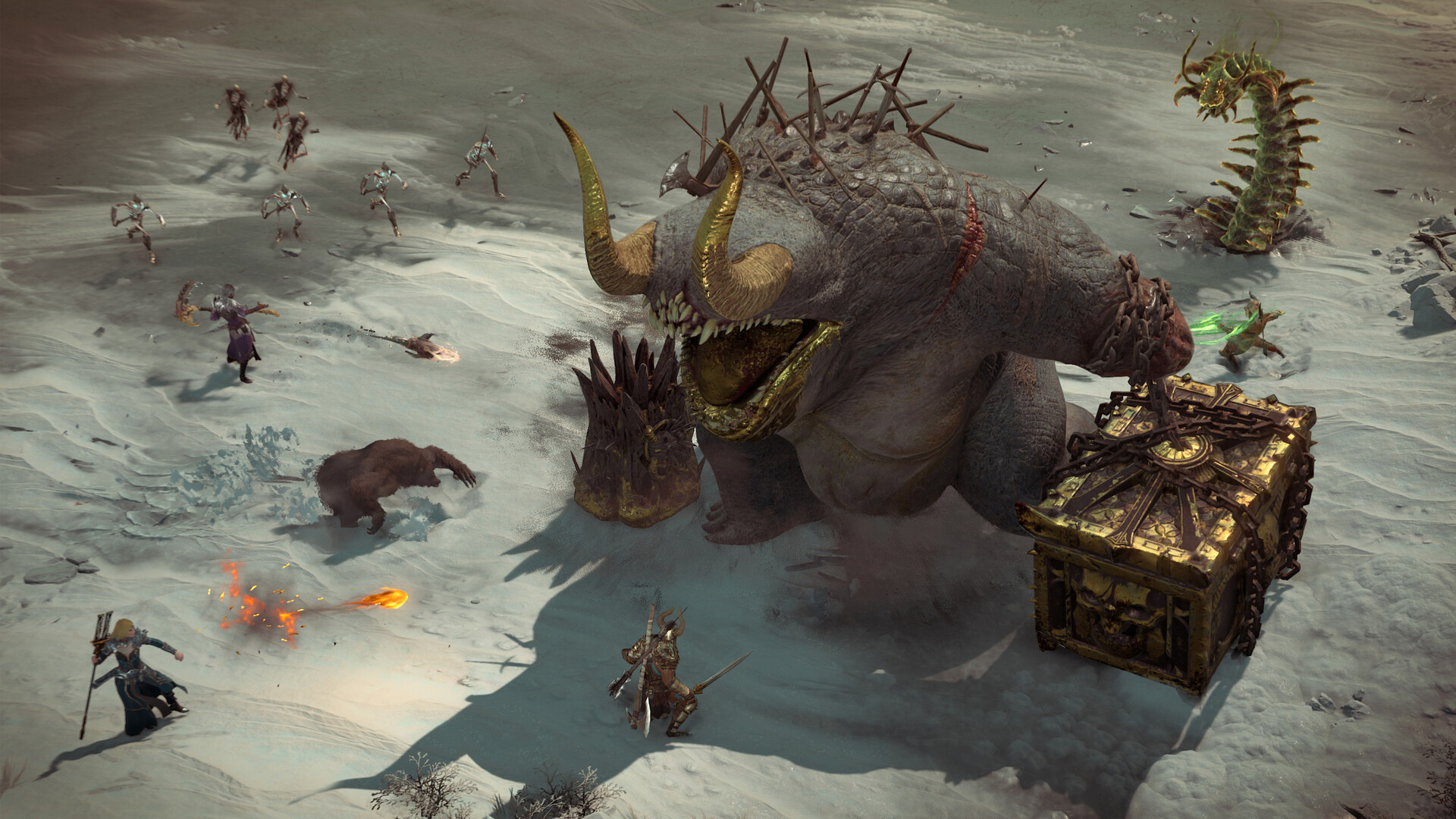 In Diablo 4 a warrior and a mage fight against a giant beast who wields a massive golden metal box tied to its hand with a chain