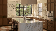quiet luxury kitchen with wooden cabinets, a marble island, and checkerboard floors