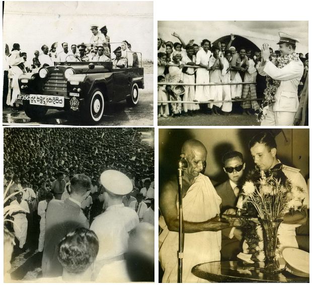 This collage of photos from Russia's Federal Space Agency shows cosmonaut Yuri Gagarin receiving honors in Sri Lanka.