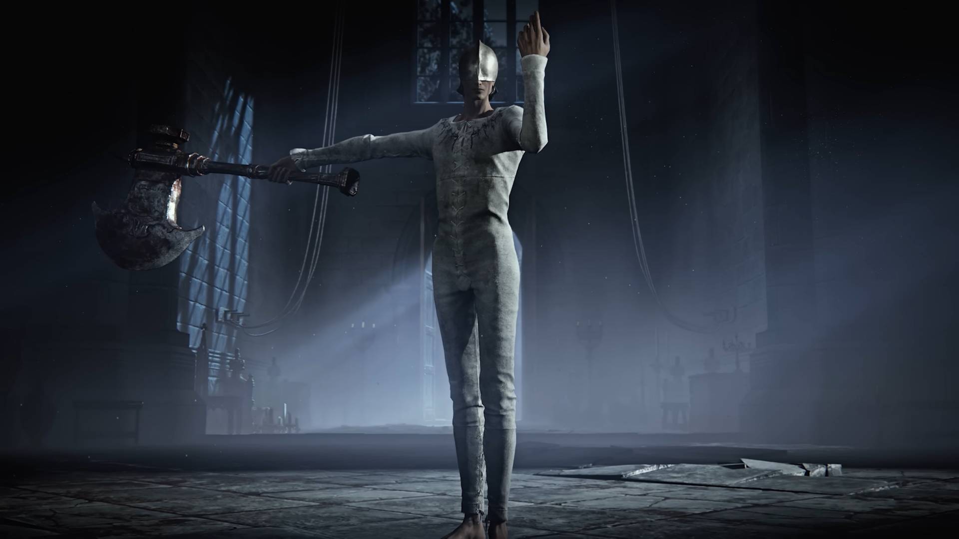 The Duskbloods bloodhand jan in his white pyjamas with hid left hand raised and right arm outstretched holding his axe