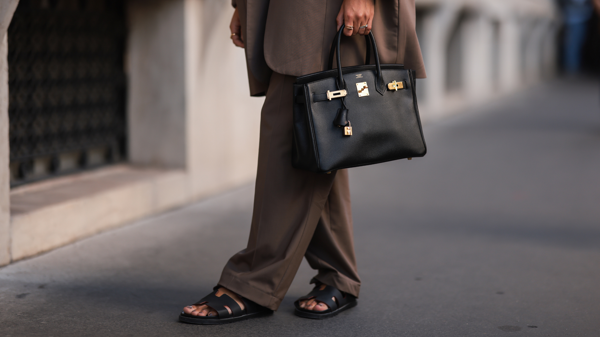 Ganni Black Leather Double Top Handle Logo Contrast Stitching Tote Bag