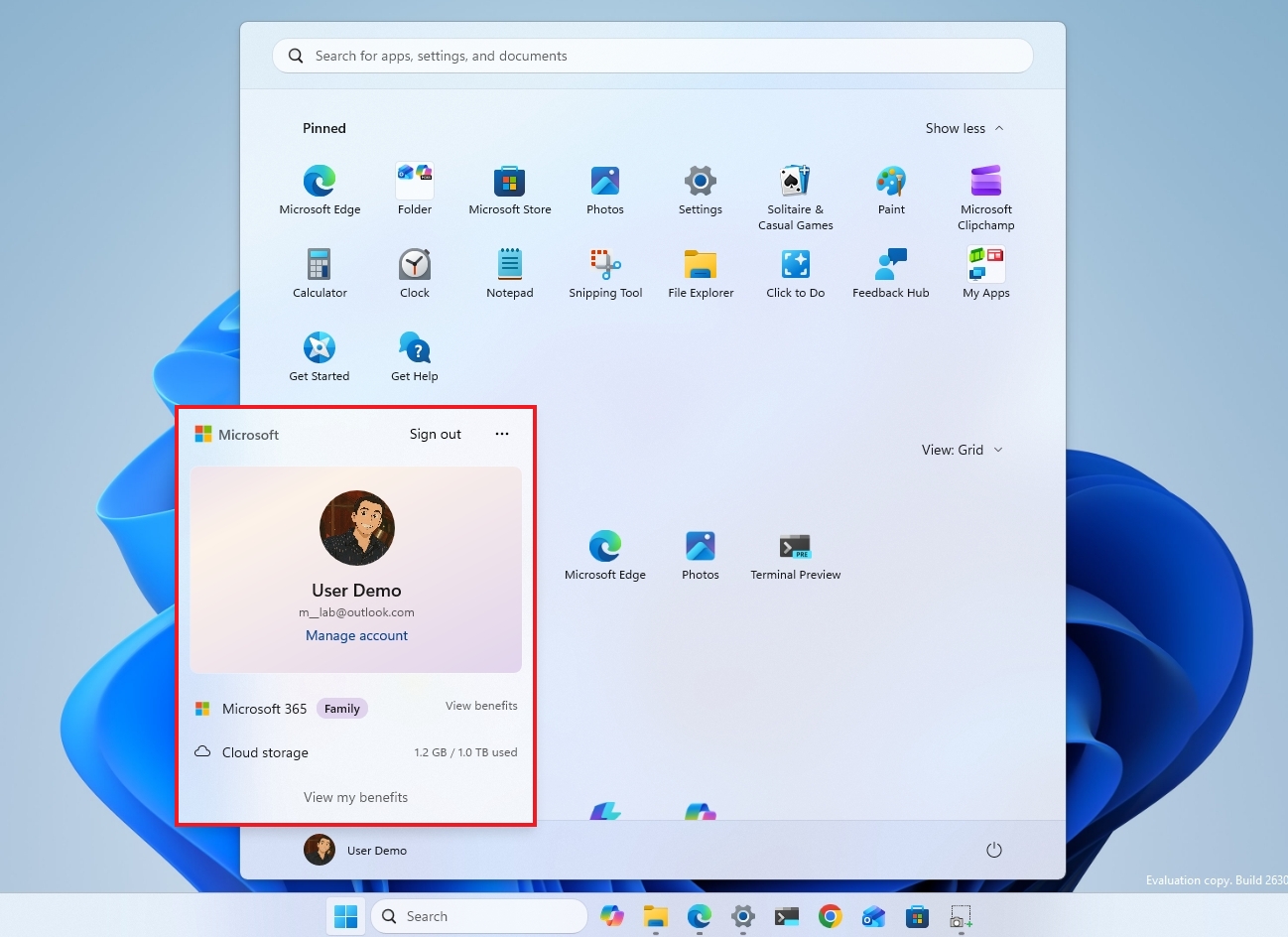 Windows 11 desktop with the Start menu showing new Account Control interface.