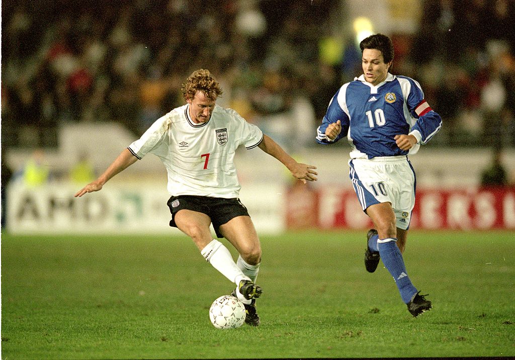 Ray Parlour of England holds off Jari Litmanen of Finland during the World Cup 2002 Group 9 Qualifying match played at the Olympic Stadium, in Helsinki, Finland. The match ended in a 0-0 draw.