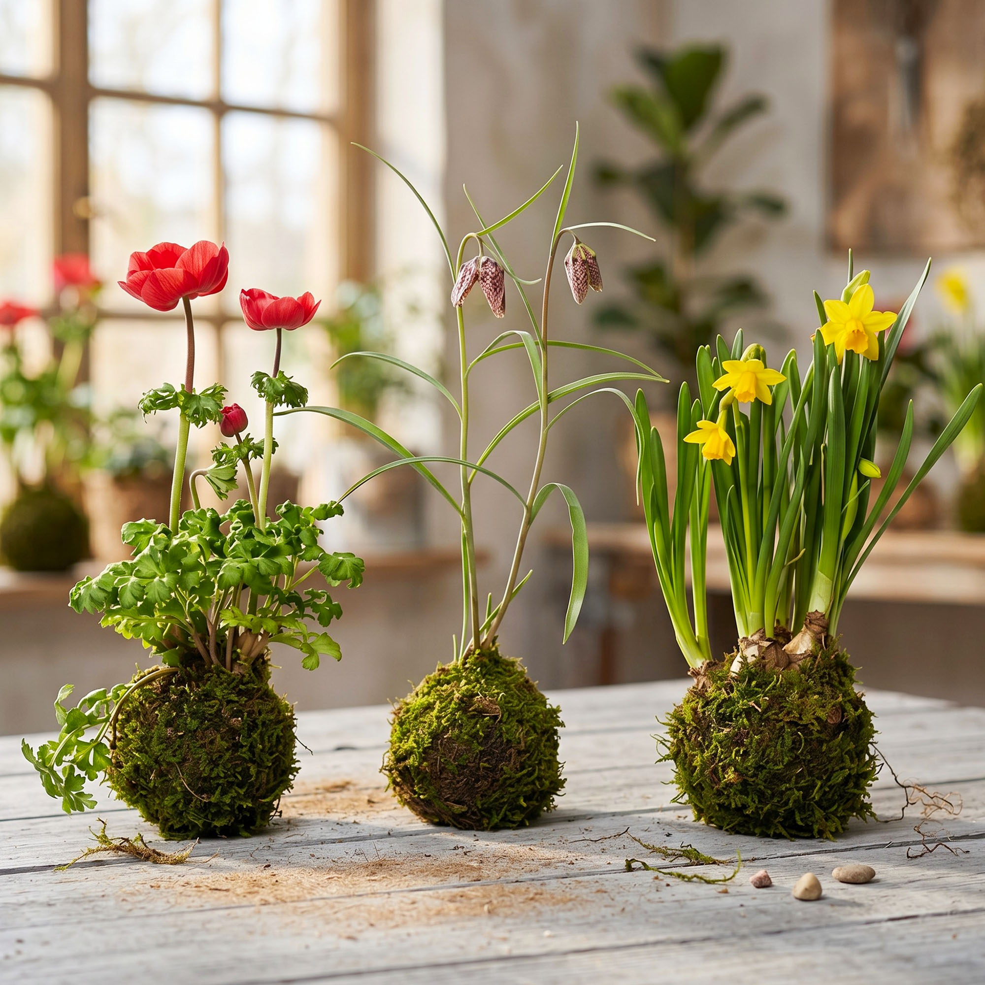 Spring flower kokedama moss balls with daffodils, anemones, and Fritillaria meleagris in classic room on wooden tabletop