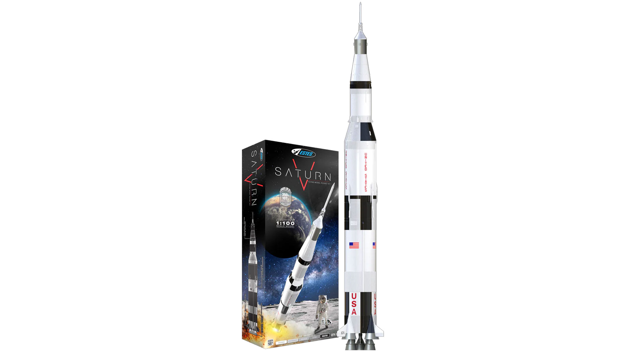 A very tall, pointy, white rocket is next to a dark-colored product box with a picture of the rocket launching on the front, all on a white background.