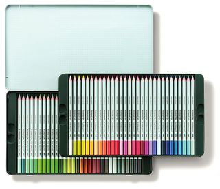 The pencils are smartly presented in a metal tray