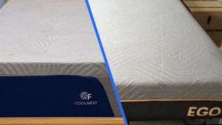 On the left, the SweetNight CoolNest Mattress on a bed frame in a bedroom. On the right, the EGOHOME Black 12" mattress on a bed frame.