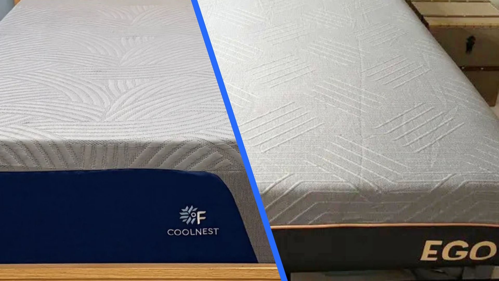 On the left, the SweetNight CoolNest Mattress on a bed frame in a bedroom. On the right, the EGOHOME Black 12" mattress on a bed frame.