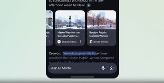 A mobile search results page showing image results and a summary about crowds, with a visible prompt at the bottom that reads "Ask AI Mode..."