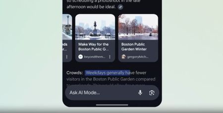 A mobile search results page showing image results and a summary about crowds, with a visible prompt at the bottom that reads "Ask AI Mode..."
