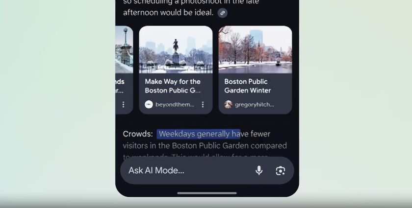 A mobile search results page showing image results and a summary about crowds, with a visible prompt at the bottom that reads "Ask AI Mode..."