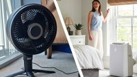 Split image of Dreo fan in reviewer's home and promotional image of Meaco air conditioner in bedroom
