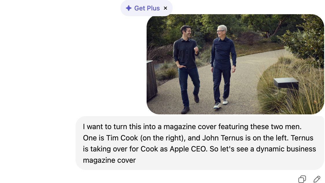 A picture of John Ternus and Tom Cook of Apple inside a ChatGPT window