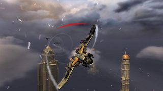 A Warhawk trying to evade a missile high above the city.