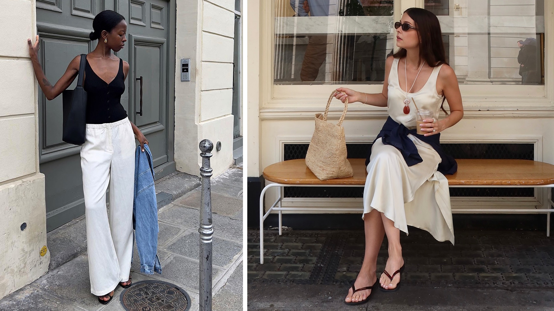 collage of two style influencers Sylvie Mus and Alice Satterthwaite posing in two chic summer 2026 outfit ideas with pieces like linen pants, flip-flops, and an ivory dress