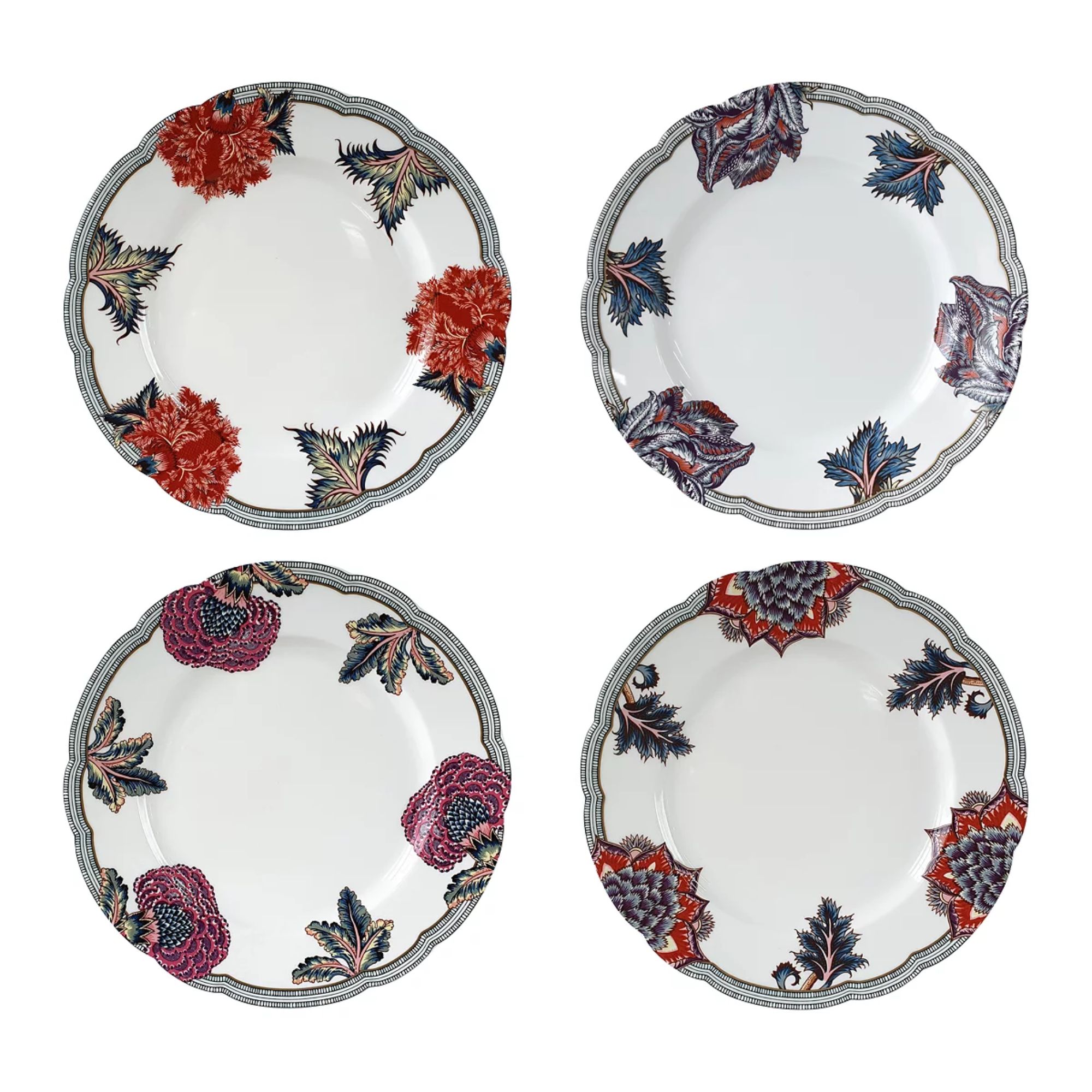 White dinner plates with red floral designs