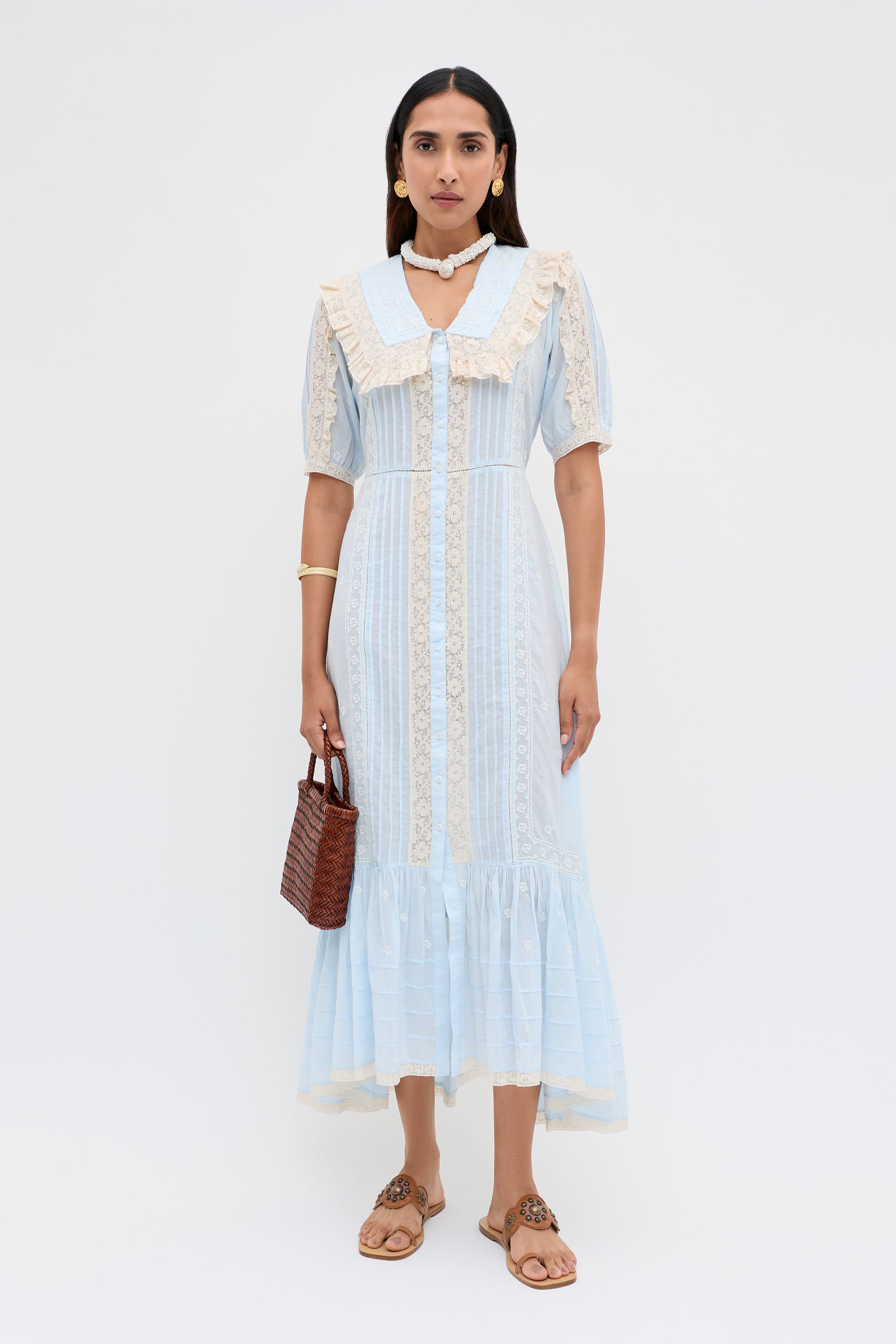 Edina Cotton Midi Dress in Mira Embroidery Powder Blue