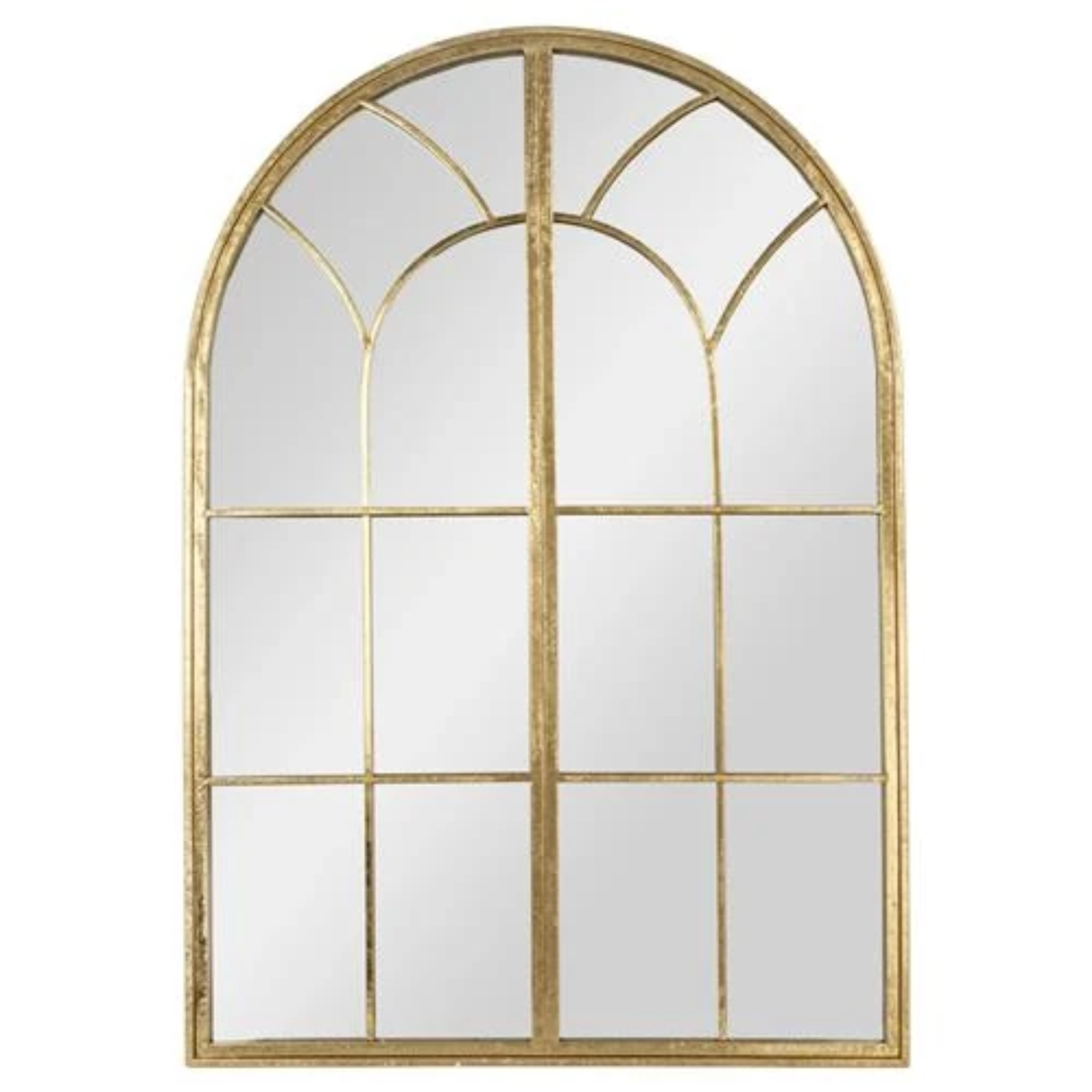 an arched mirror with panels in gold