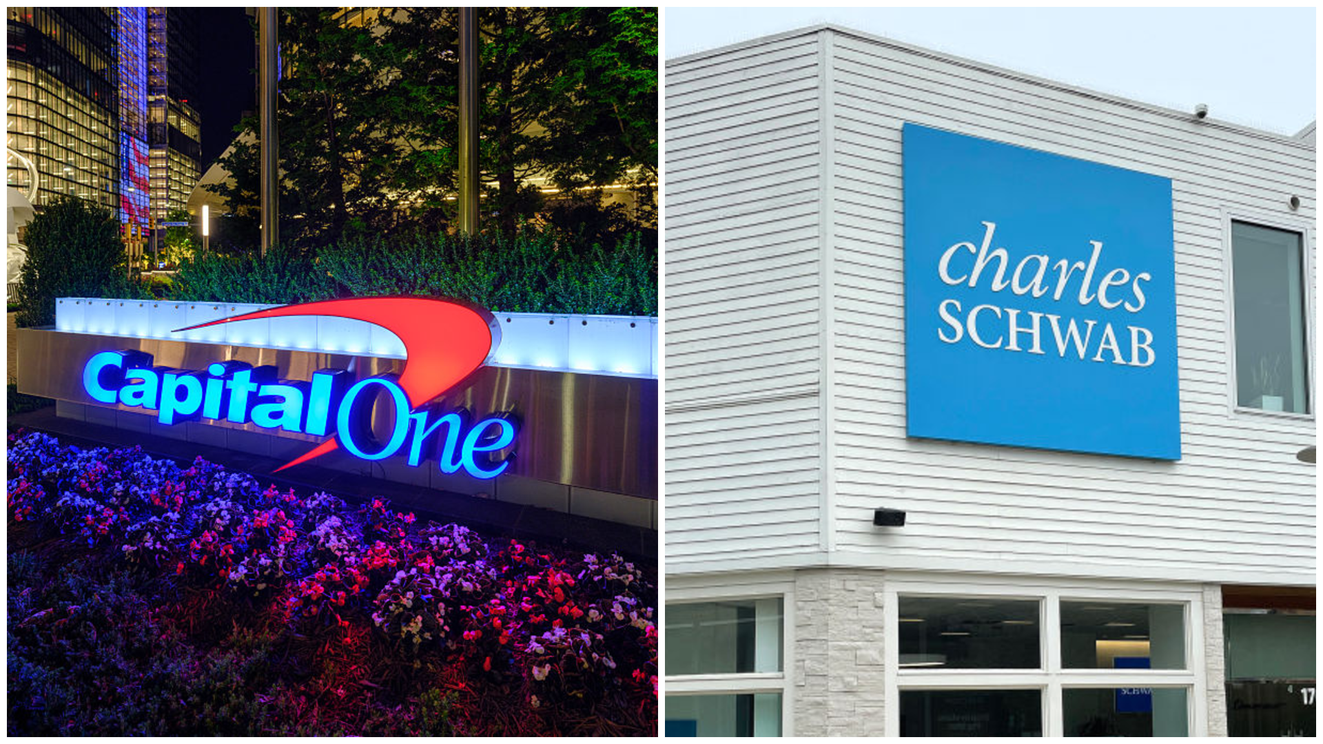 A side-by-side image of a Capital One building and a Charles Schwab sign. 