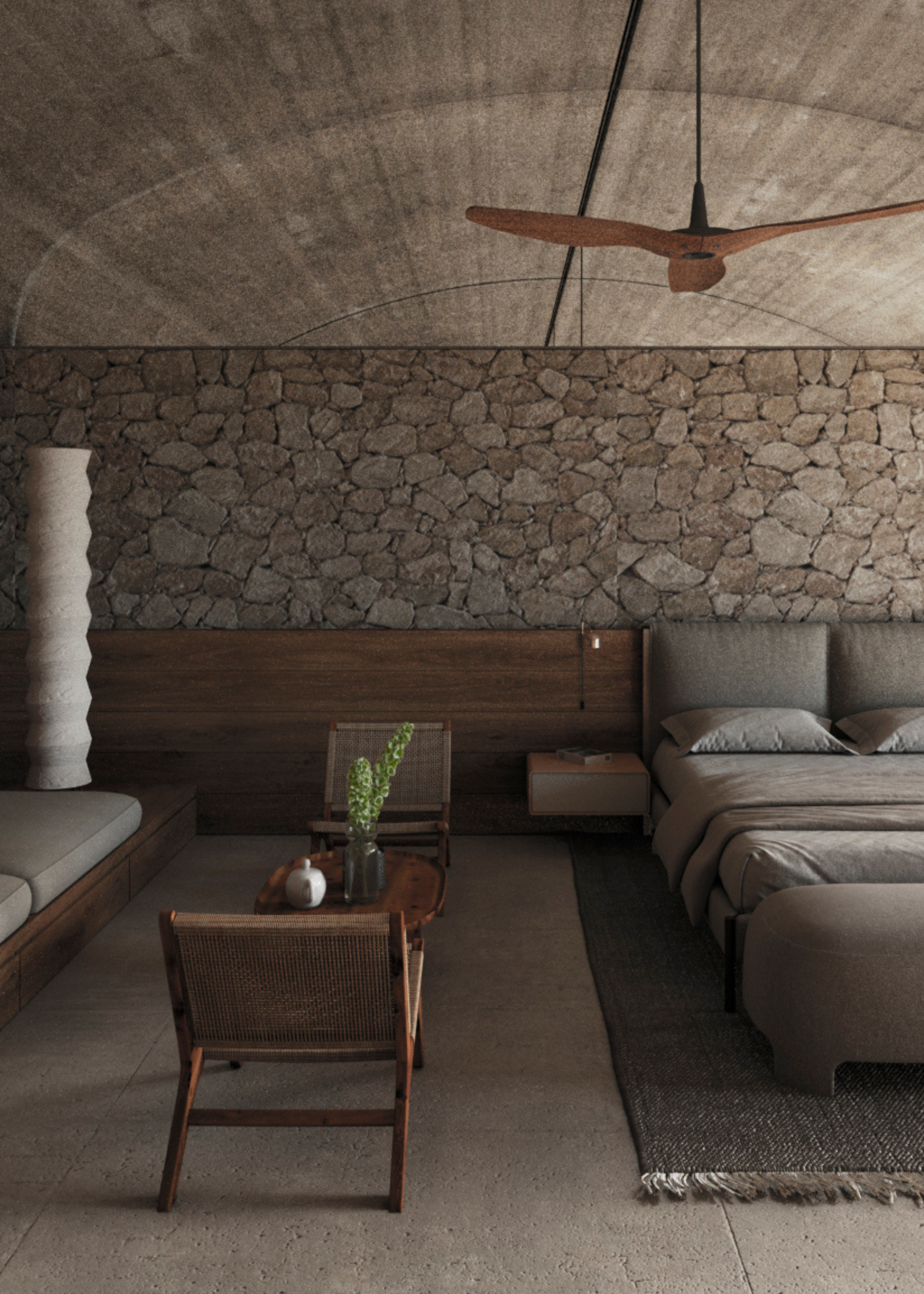 A natural bedroom with wooden accents, stone walls and gray accents