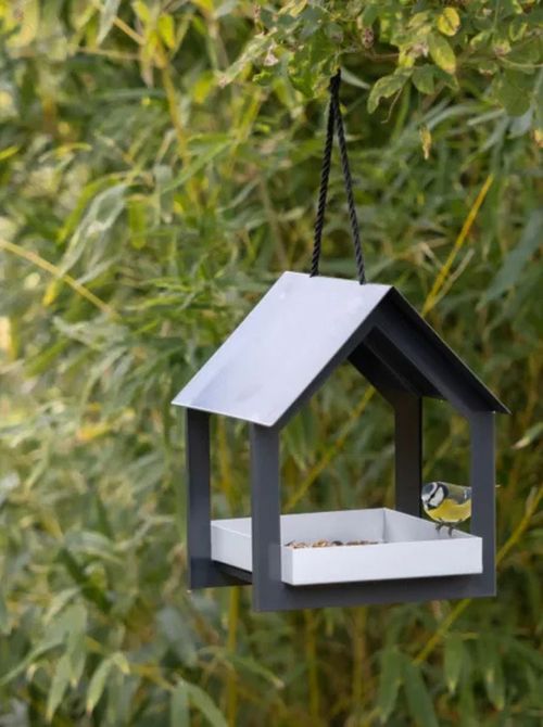 Metal Hanging Bird Table Feeder in Gray