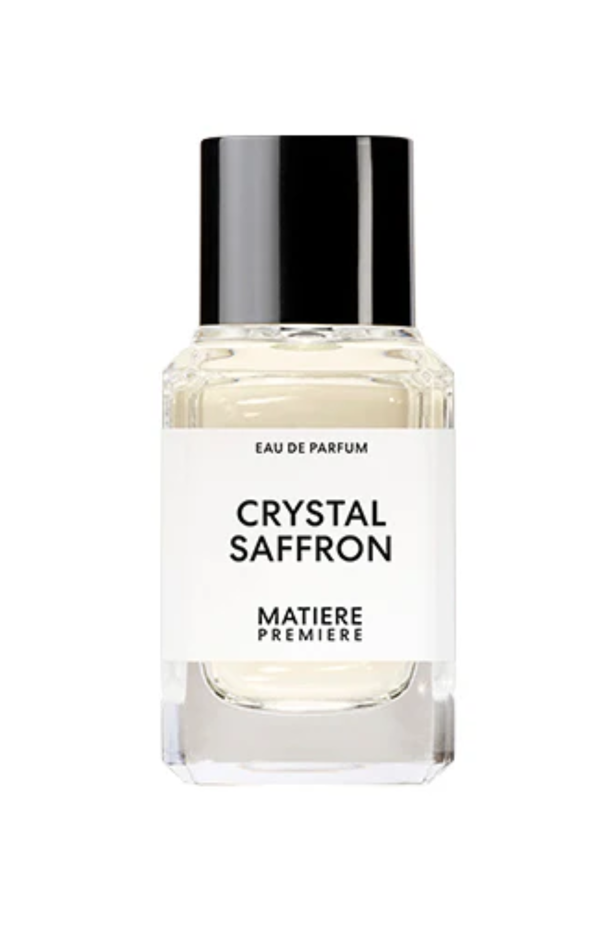 A bottle of Matiere Premiere Crystal Saffron perfume against a white background.