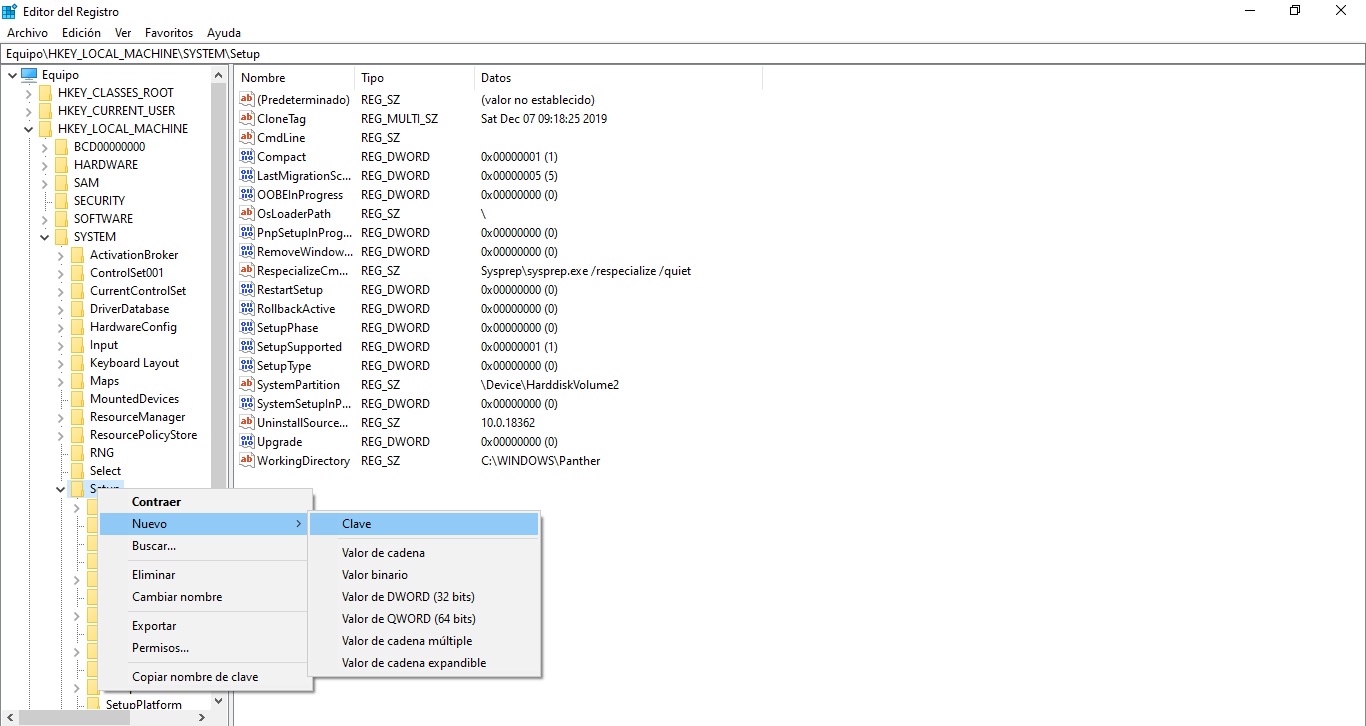 Crear nueva clave en el Registro, dentro de la carpeta "Setup"