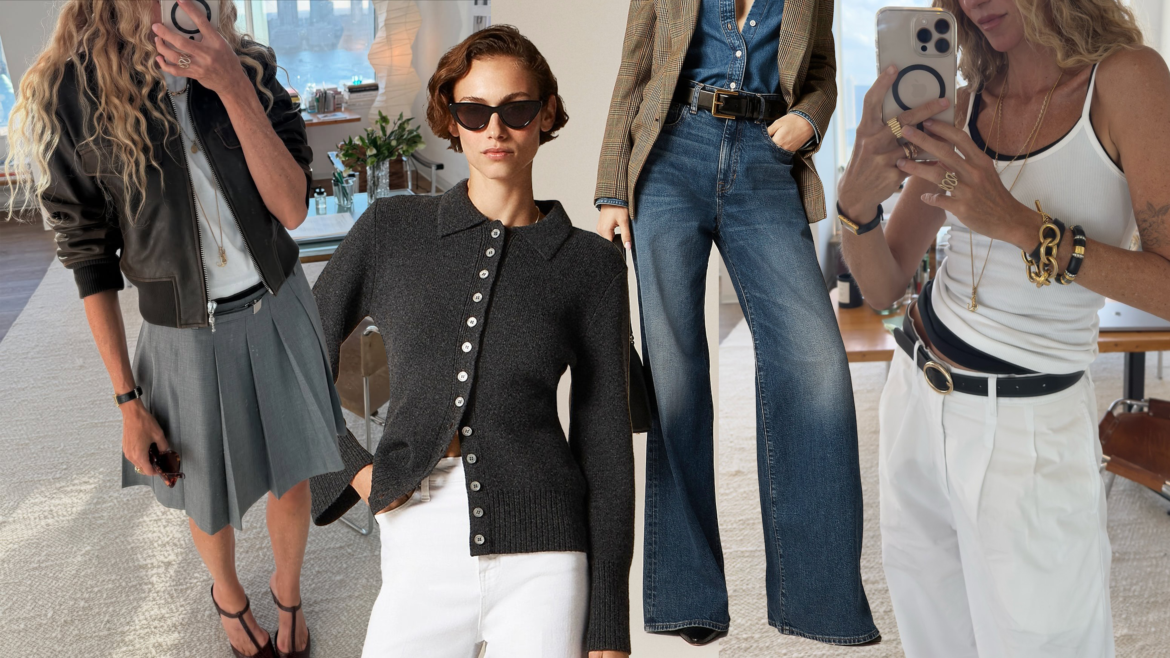 Olympia Gayot is in a J.Crew pleated skirt and a leather jacket. J.Crew cinched waist sweater. J.Crew wide-leg jeans. Olympia Gayot in a white tank, J.Crew pants, and gold jewelry. 