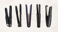 Collage of 5 of the best cordless straighteners in this guide from (left to right) ghd, BaByliss, Dyson, Cloud Nine and Revamp, set on a beige background with a pink abstract line drawing
