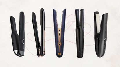 Collage of 5 of the best cordless straighteners in this guide from (left to right) ghd, BaByliss, Dyson, Cloud Nine and Revamp, set on a beige background with a pink abstract line drawing