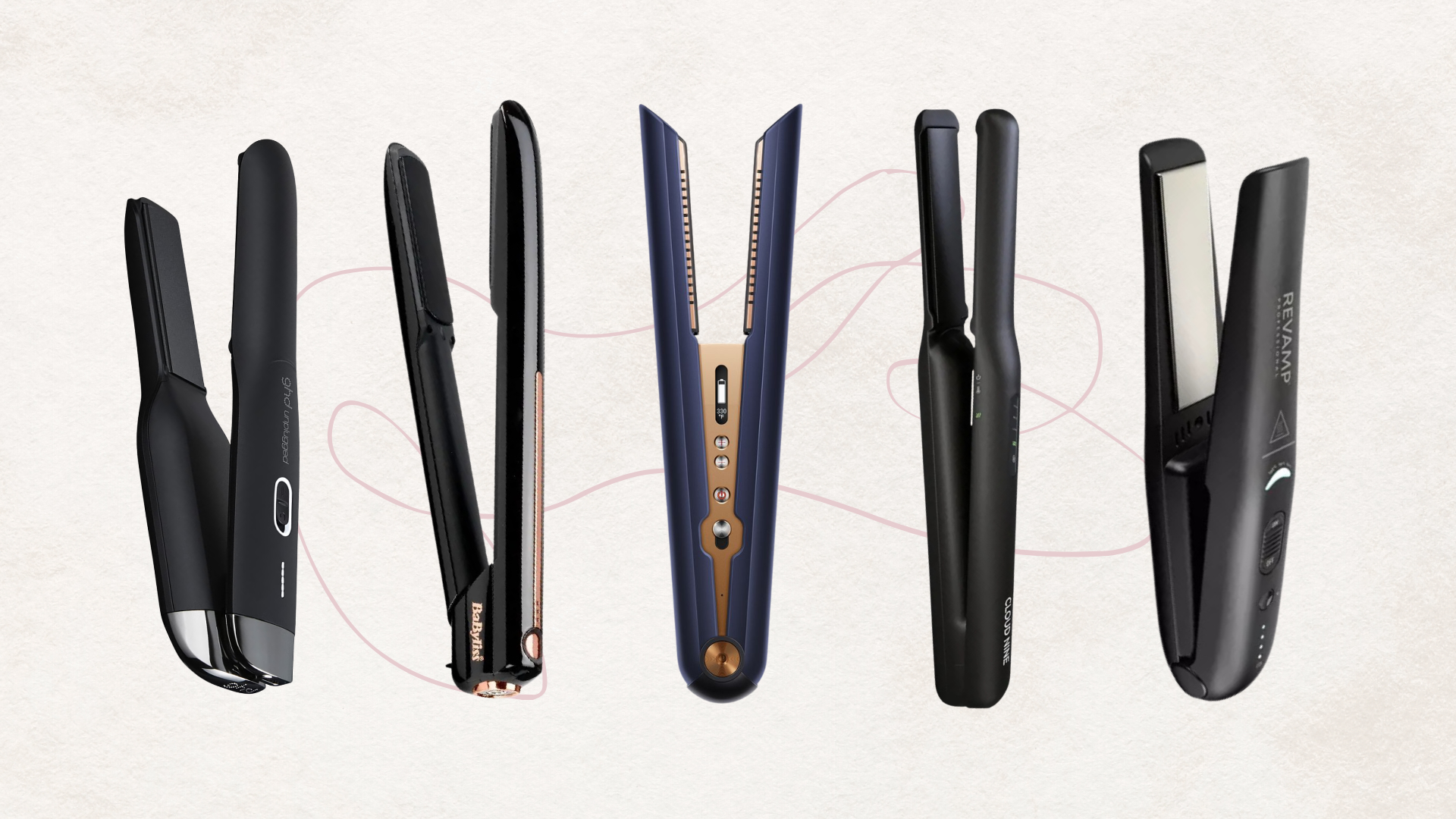 Collage of 5 of the best cordless straighteners in this guide from (left to right) ghd, BaByliss, Dyson, Cloud Nine and Revamp, set on a beige background with a pink abstract line drawing