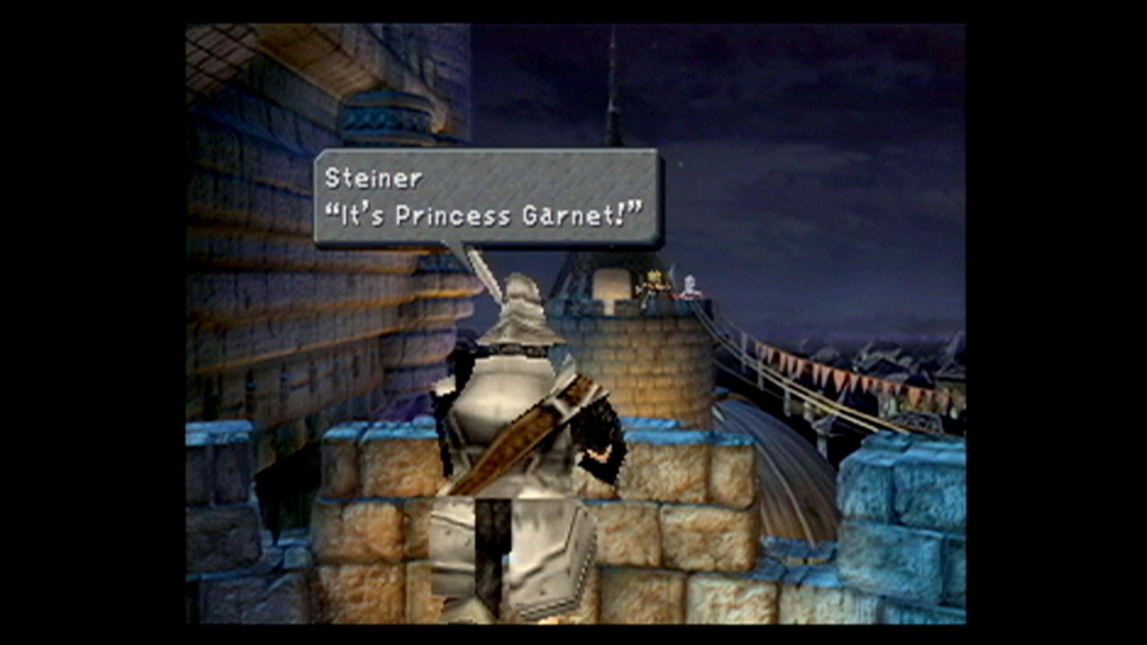 Steiner sees Zidane chasing Princess Garnet in the distance from across battlements in Final Fantasy 9