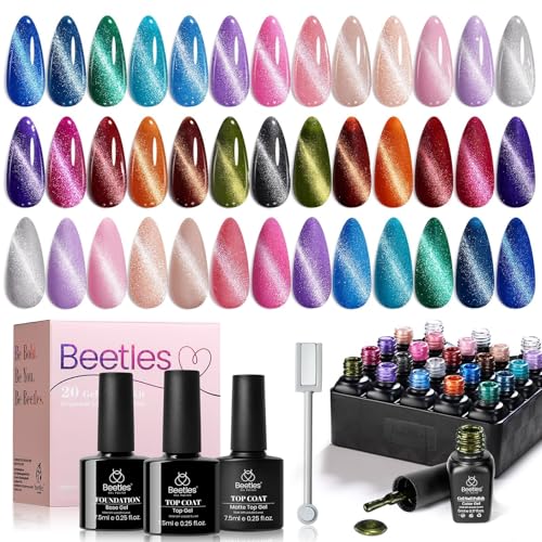 Beetles Cat Eye Gel Nail Polish Set - 20 Colors Glitter Red Green Blue Brown Black Cat Eye Magnetic Base Matte Glossy Top Coat Galaxy Gemlight Soak Off Uv Manicure Salon Gift for Women