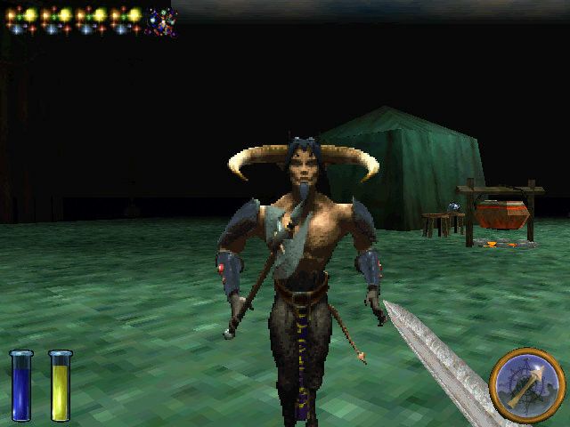 first person view with sword apparent of some manner of faun-type creature