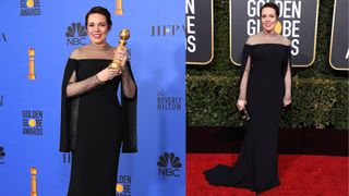 olivia colman in a black long dress with netted sleeves at the 2019 golden globes