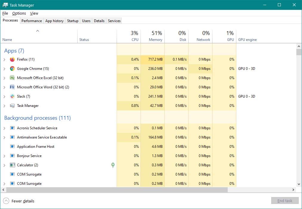 Windows 10 processes view