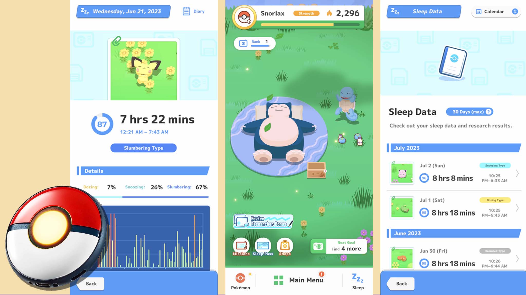 Pokémon Sleep screenshots with Pokémon GO Plus Plus device.