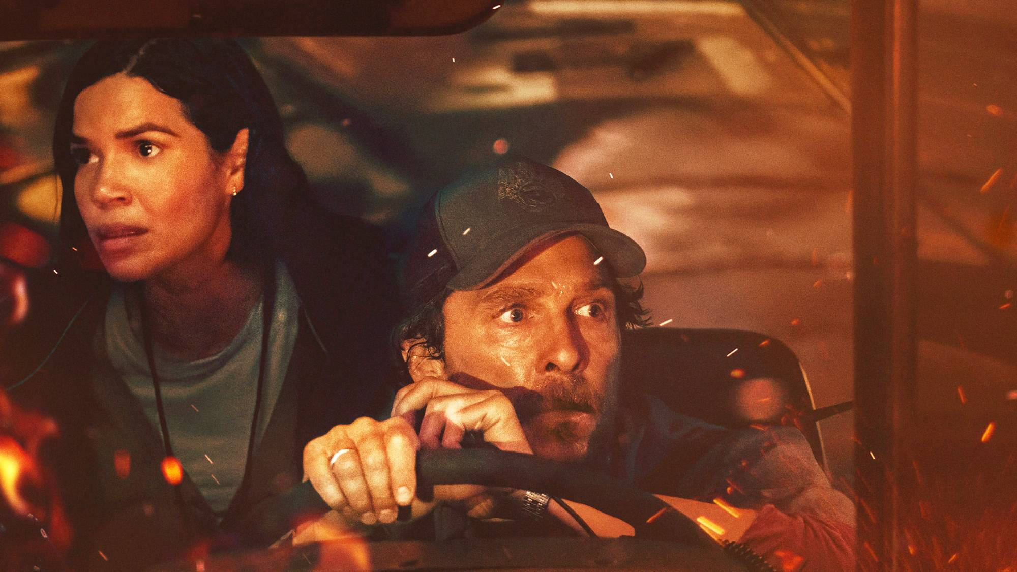 (L-R) America Ferrera as Mary Ludwig and Matthew McConaughey as Kevin McKay in &quot;The Lost Bus&quot;
